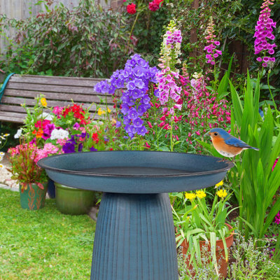 Brytnee Gleeful Garden Freestanding Metal Outdoor Bird Bath, UV-Resistant - Blue