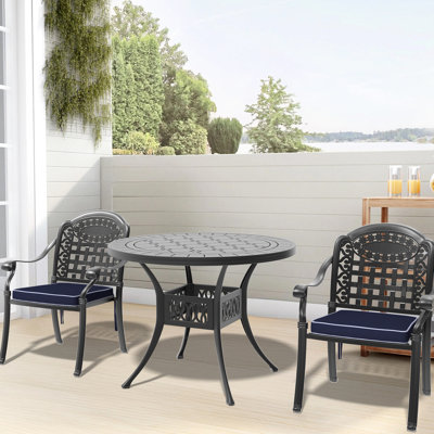 Cast Aluminum Patio With 3 Pieces And Cushions - Black, Corrosion Weather Protection, Stackable, Comfortable Table 3 Black Weather- Finish, Outdoor Chairs