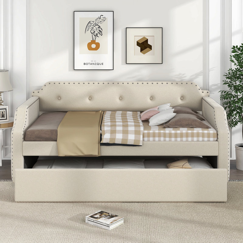 Upholstered Daybed With Trundle, Wood Slat Support,Upholstered Frame Sofa Bed , Twin, Beige