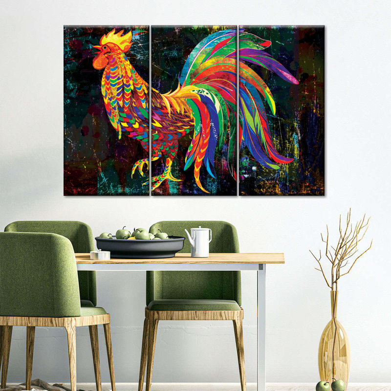 Ensemble de coq abstrait multicolore sur toile 3 pièces, H 42 po x l 65 po x P 1,25 po