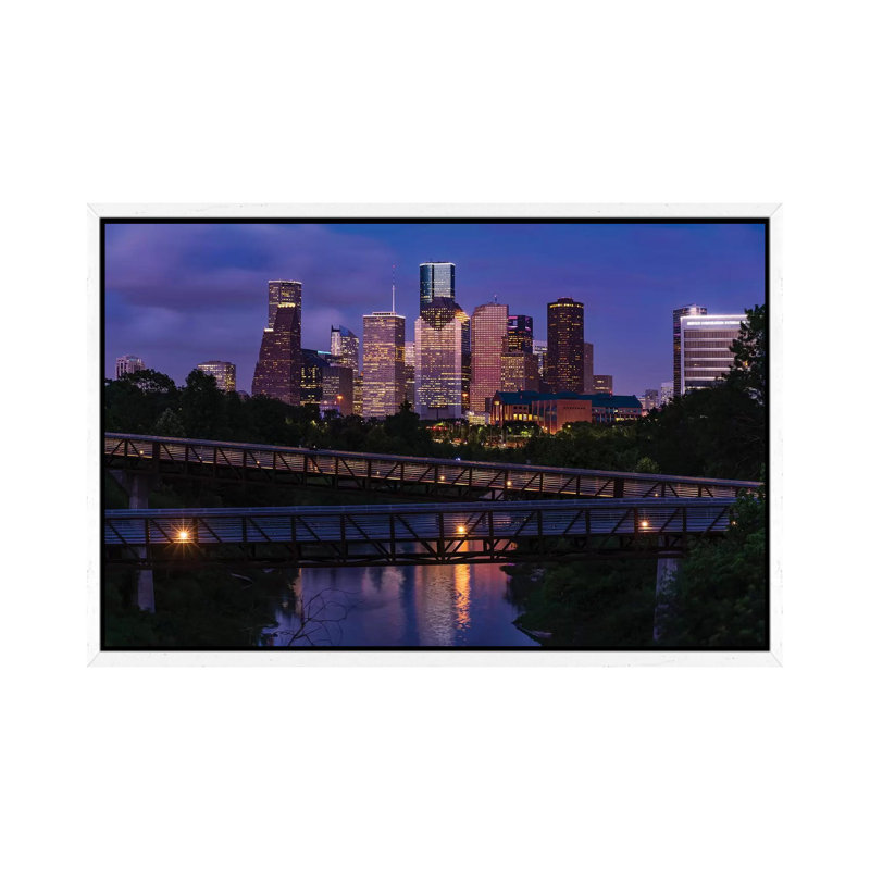 Elevated Walkway Over Buffalo Bayou At Night With Downtown Skyline In Background, Houston, Texas, USA 1 Piece Floater Frame Wall Art on Canvas
