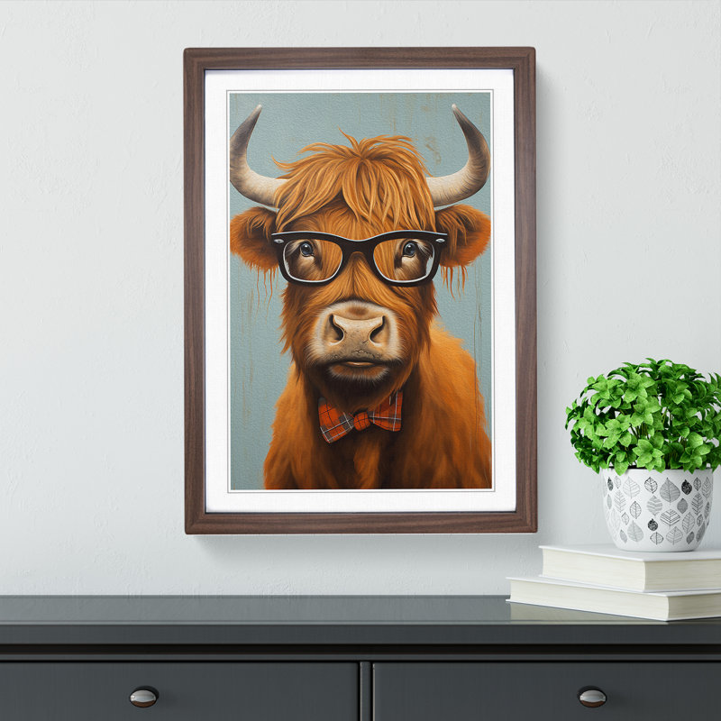 Highland Cow With Glasses Painting Framed Print, Walnut Framed, 46cm H x 34cm W x 2cm D