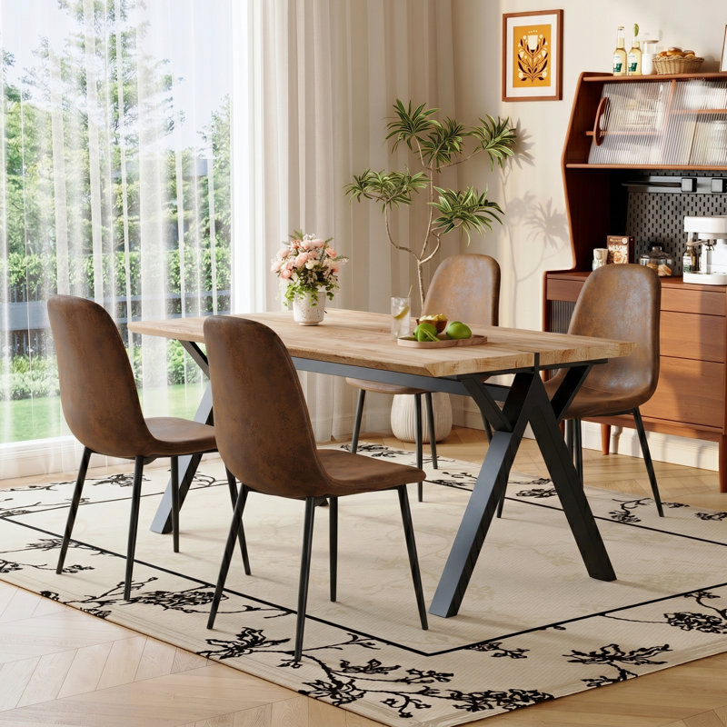 Set of 4 Modern Upholstered Dining Chairs with Metal Legs, Linen and Fabric, 4, Black, Brown Suede