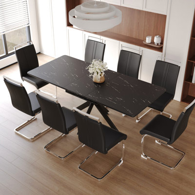 62.4" - 78.15" Extendable Table For 6 8, With Metal Legs, Stable And Construction 8 Person Dining Room Chair , Black Versatile Elegant