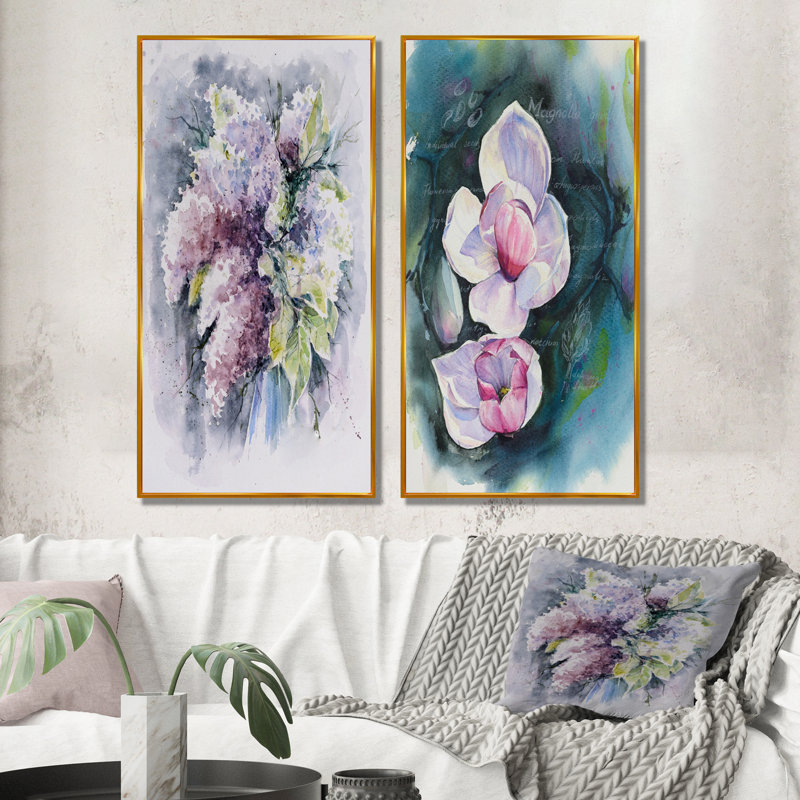 Fleurs de magnolia - ensemble de 2 peintures sur toiles, H 20 po x l 24 po x P 1 po, Cadre flottant doré