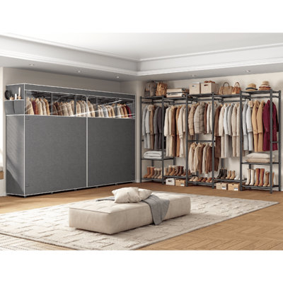 74.8"h X 90.6"w Metal Garment Rack With Adjustable Hanging Rod, Shelves & Bottom Storage, Black