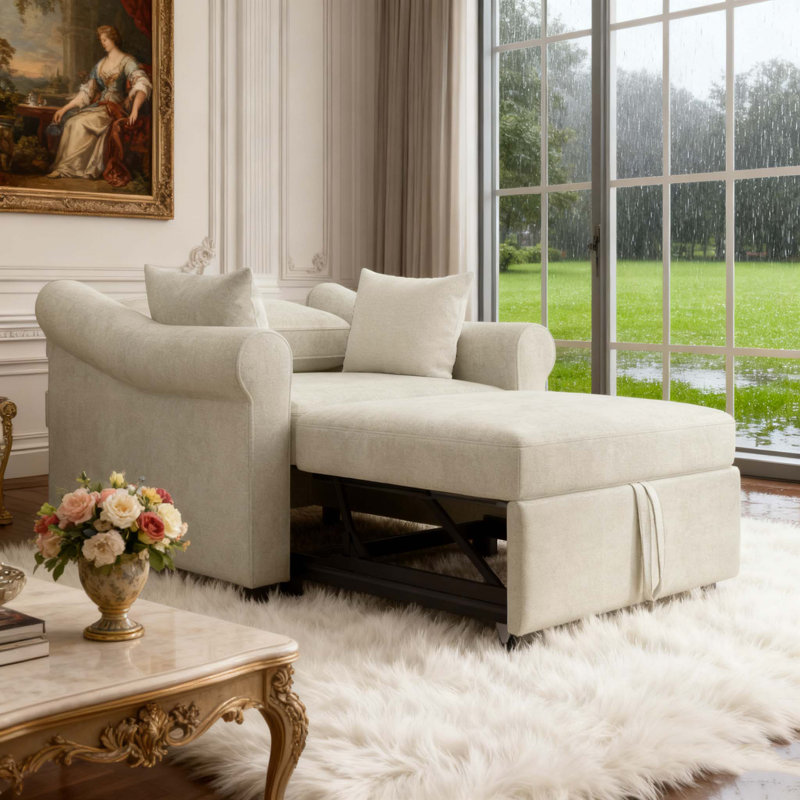 Chenille Convertible Sleeper Chair With Adjustable Backrest 3 IN 1 Design, Beige
