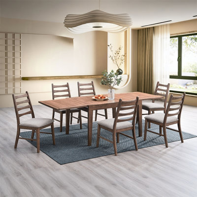 Walnut 7pc Dining , Rectangular Extendable Table And 6 Chairs, Contemporary Design, Solid Wood Chair, Gray Linen Upholstered Seats, Seats 6, Self - St