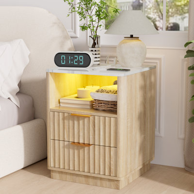 Nightstand With Outlets And Rgb Light, Side Table With 2 Fluted Drawers And Open Area, End Table For Bedroom, Living Room by Wrought Studio