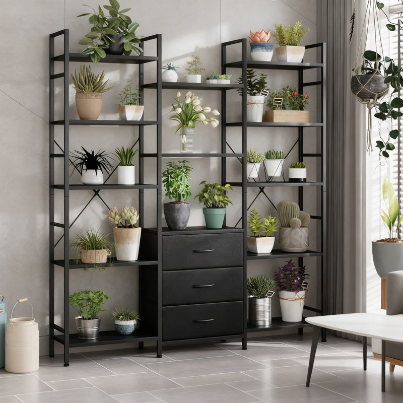 Bibliothèque industrielle à 5 niveaux avec 3 tiroirs en tissu et 10 tablettes de présentation, bibliothèque robuste pour le rangement et l'organisation du bureau à domicile