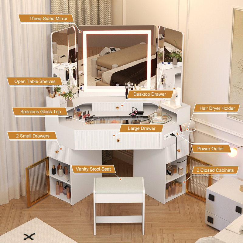 Corner Vanity Desk With 3-way Mirror & Lights, Makeup Table With Storage Drawers, Large Cabinets, Glass Top & Stool – White