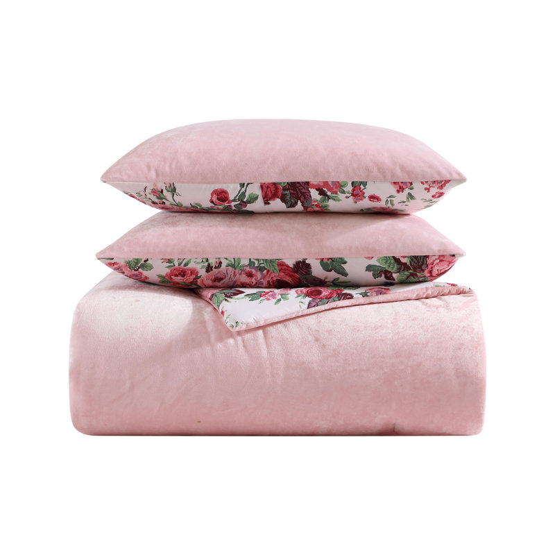 Twin Pink Velvet Reversible Comforter Set with Floral Design