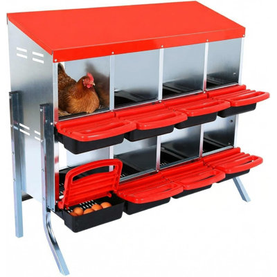 8 Compartment Galvanized Roll Away Chicken Nesting Box with Swing Perch & Lid Cover, Keyhole Wall Mount Nest Box with Sloped Floor for Convenient Egg Collection in Chicken Coops