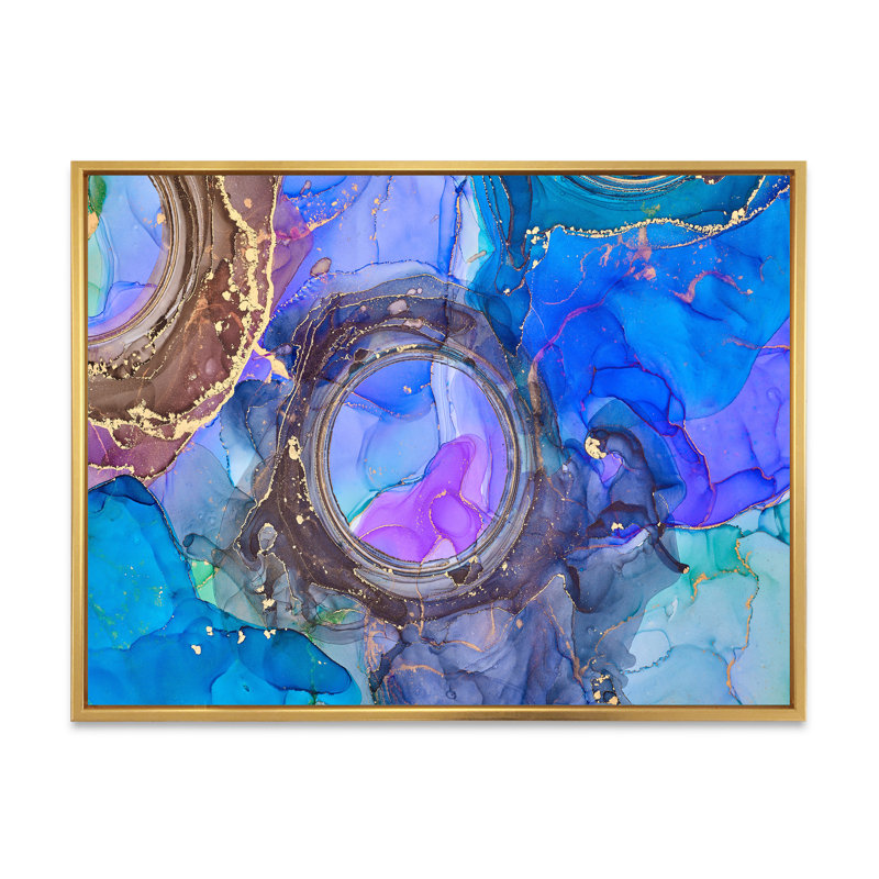 Bleu abstrait luxueux fluide - peinture sur toile, H 16 po x l 32 po, Cadre flottant doré