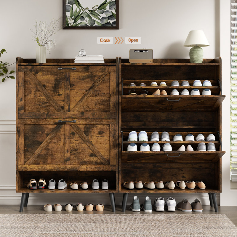 Shoe Storage Cabinet With 2 Flip Drawers, Freestanding Farmhouse Shoe Organizer Cabinet, Rustic Brown