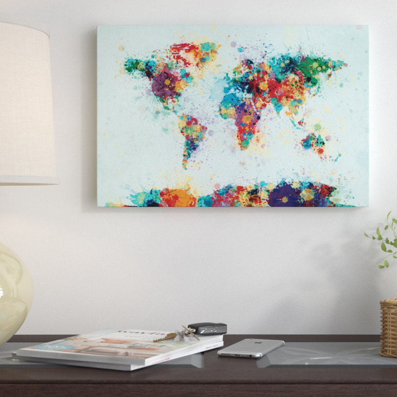 Série de carte du monde : éclaboussures de couleur i, impression sur toile tendue, H 18 po x l 26 po x P 1,5 po, Pas de tapis