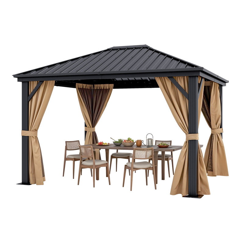 12 Ft. W x 10 Ft. D Aluminum Patio Gazebo wiith Brown Curtains, 12 Ft. W x 10 Ft. D