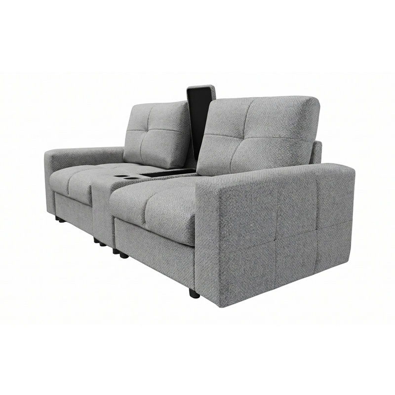 Canapé capitonné deux places de 228 cm (89,76 pouces) avec console centrale et porte-gobelets, style moderne, gris pâle