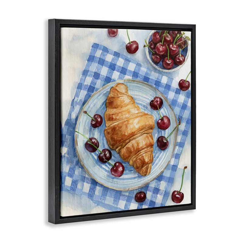 Cherries & Croissant Breakfast Floating Frame, design by Lil' Rue, Jet Black Floater Frame, 21" H x 17" W