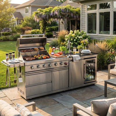 84 - Inch 5 Burner Gas Outdoor Kitchen With 75300 , Stainless Steel Sink, And Led Backlit Control For Easy Operation Grill Foldable Side Shelf