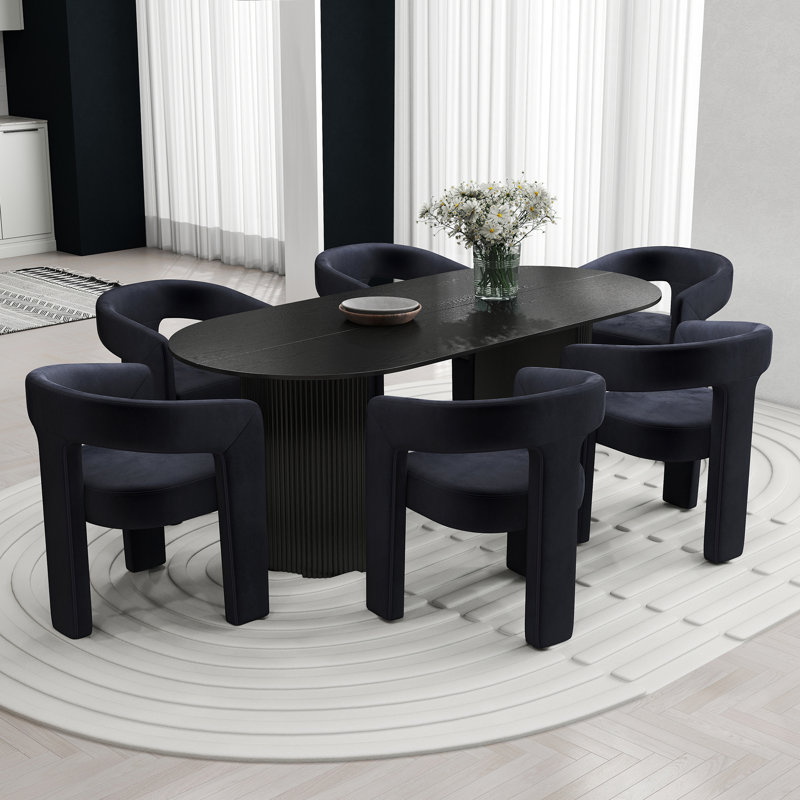Ensemble de table de salle à manger ovale, Noir, 7 pièces : table, 6 chaises