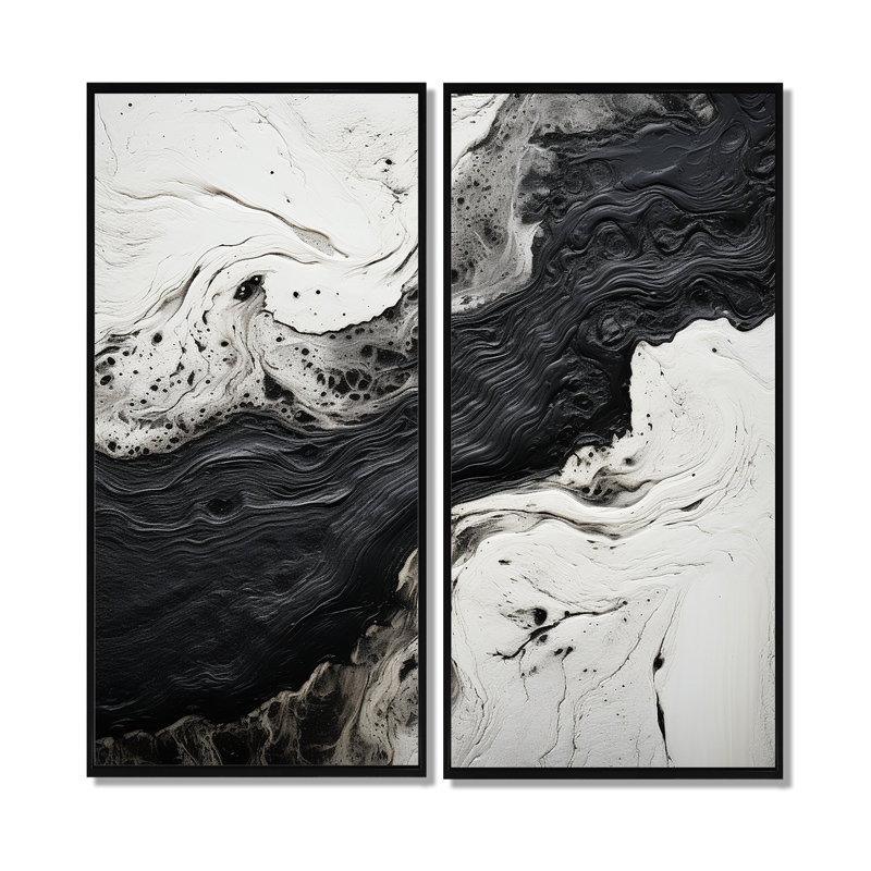Black And White Paint River I - Black Art Prints On Canvas, 20" H x 24" W, Impression encadrée flottante, Black