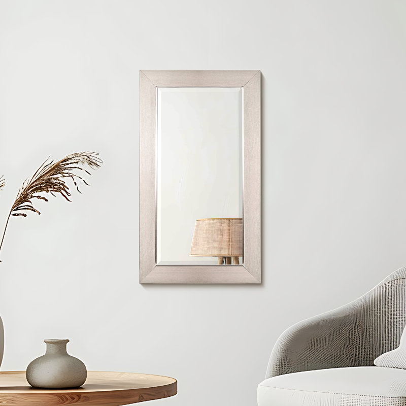 Brushed Nickel Polystyrene Rectangular Framed Beveled Mirror, 31.50" x 20.25"