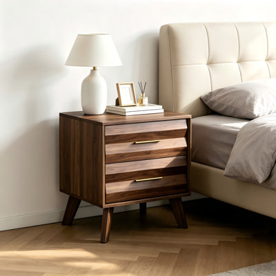 Table de chevet en noyer à 2 tiroirs, meuble de rangement de chambre à coucher de style moderne du milieu du siècle avec poignées en métal, unité simple
