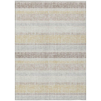 10' X 14' Ivory And Beige Striped Washable Indoor Outdoor Area Rug
