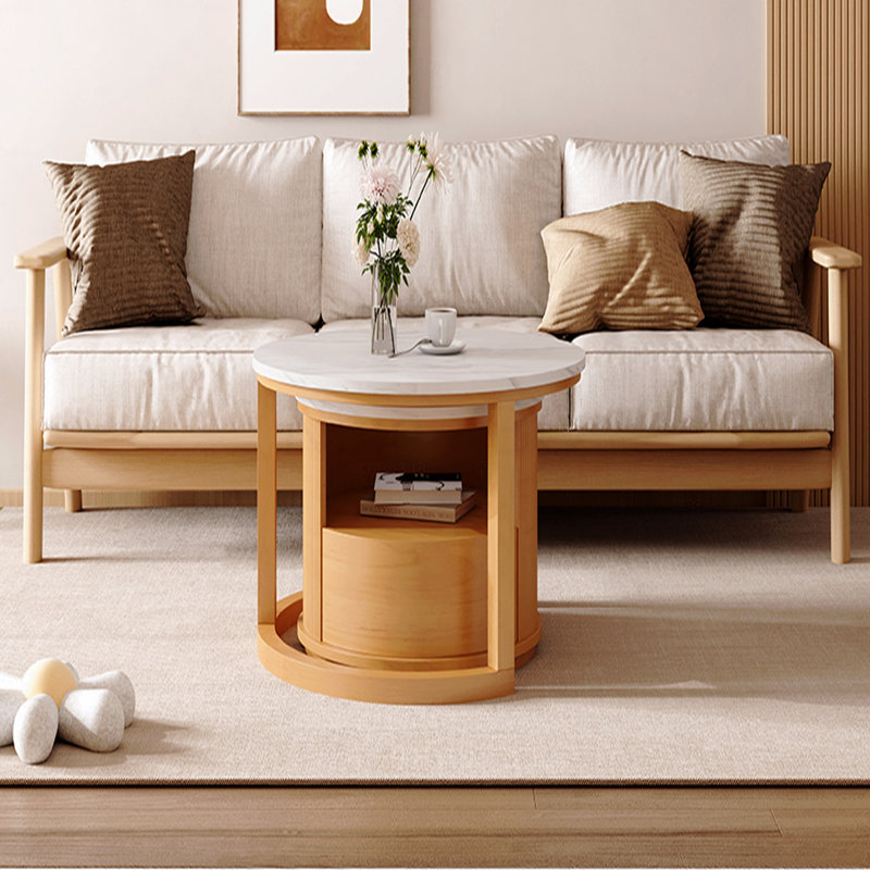 Table basse gigogne ronde 28,5 "avec plateau en marbre à 2 niveaux et 1 tiroir naturel