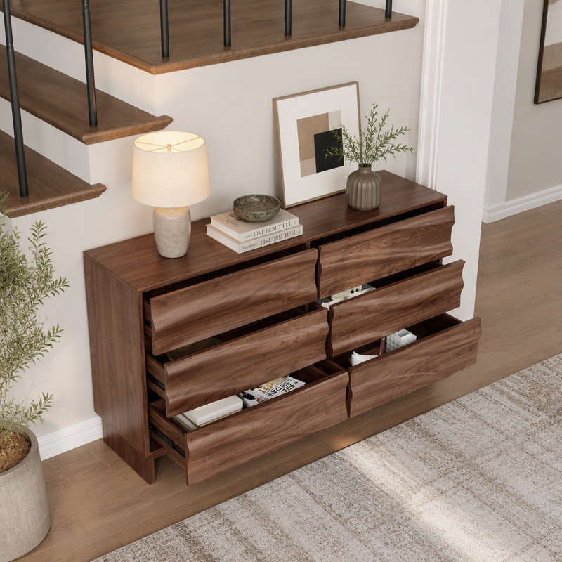 Buffet de 150 cm (59,1 po) avec 6 tiroirs à ouverture par pression, meuble de rangement de style champêtre avec texture de grain ondulé pour salle à manger, salon et couloir