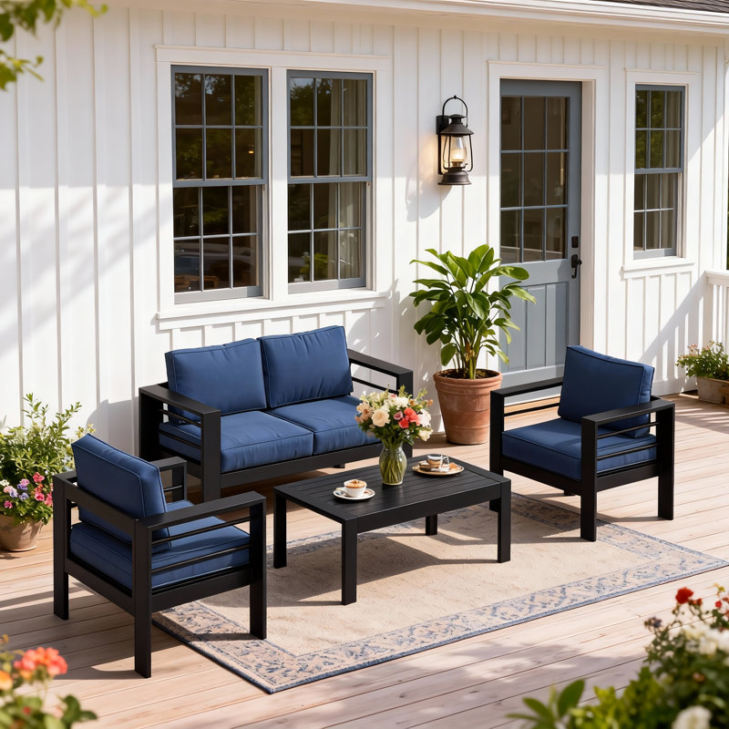 Brandtley Aluminum 4-Person Sofa Seating Group with Cushions, Black Frame/Blue Cushion