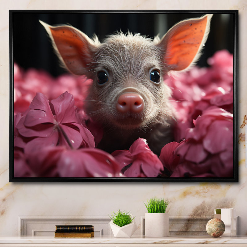 Pink Curious Pig I - Animals Canvas Wall Art, H 16 po x l 32 po x P 1 po, Cadre flottant noir