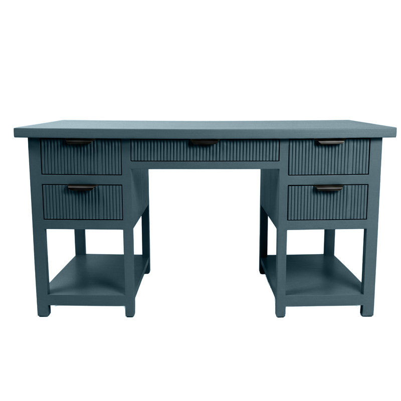 Modern Fluted Solid Wood Computer Desk, Smokey Blue