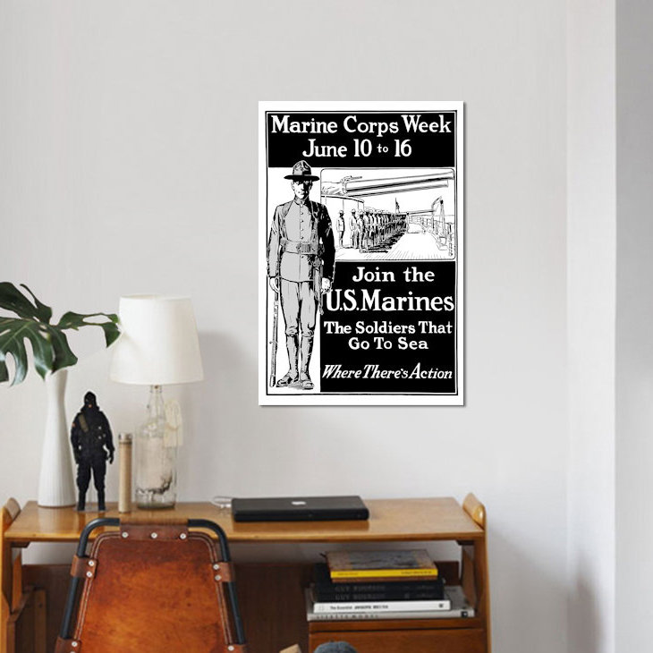 « wwi affiche montrant une marine debout à l’attention », affiche rétro sur toile, H 12 po x l 8 po x P 0,75 po, Toile tendue