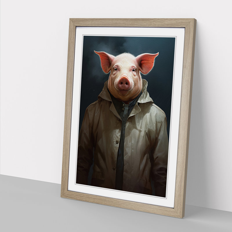 Pig Conceptual - Single Picture Frame Print on Wood, 46cm H x 34cm W x 2cm D, Oak Framed