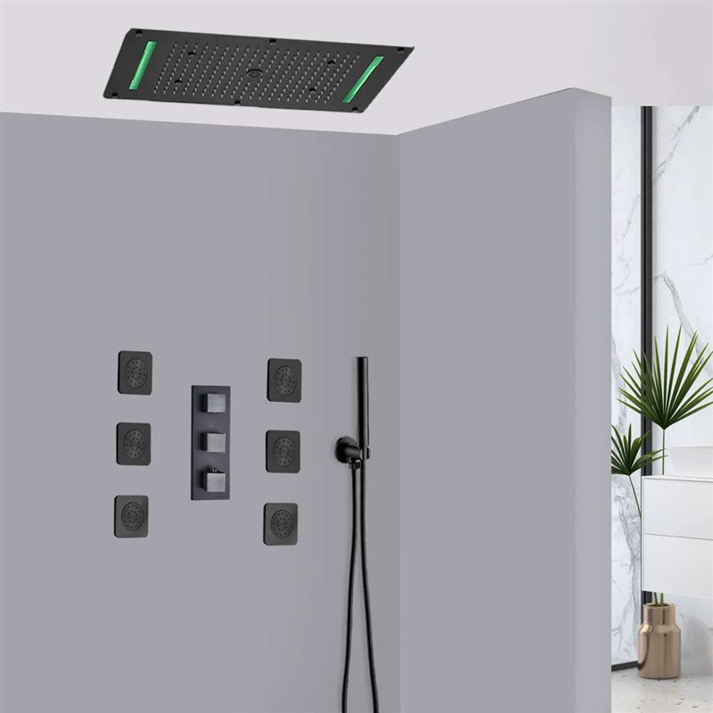 Marsala Luxury Matte Black Thermostatic Recessed Ceiling Mount Rainfall Shower System with Handheld