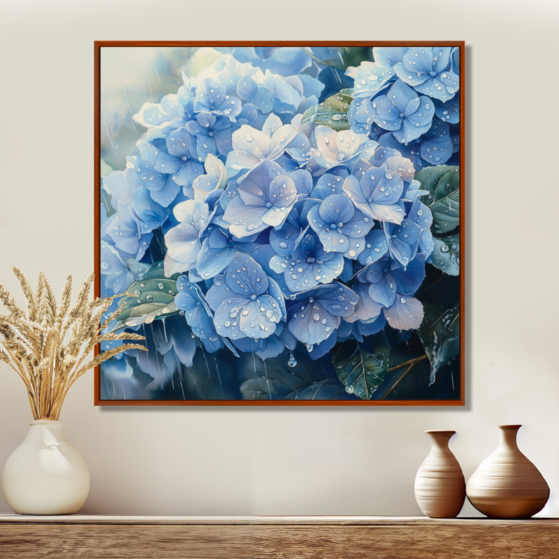 Hydrangeas in the Spring Rain I - Hydrangea, art mural, Impression encadrée flottante, Brun, H 16 po x l 16 po