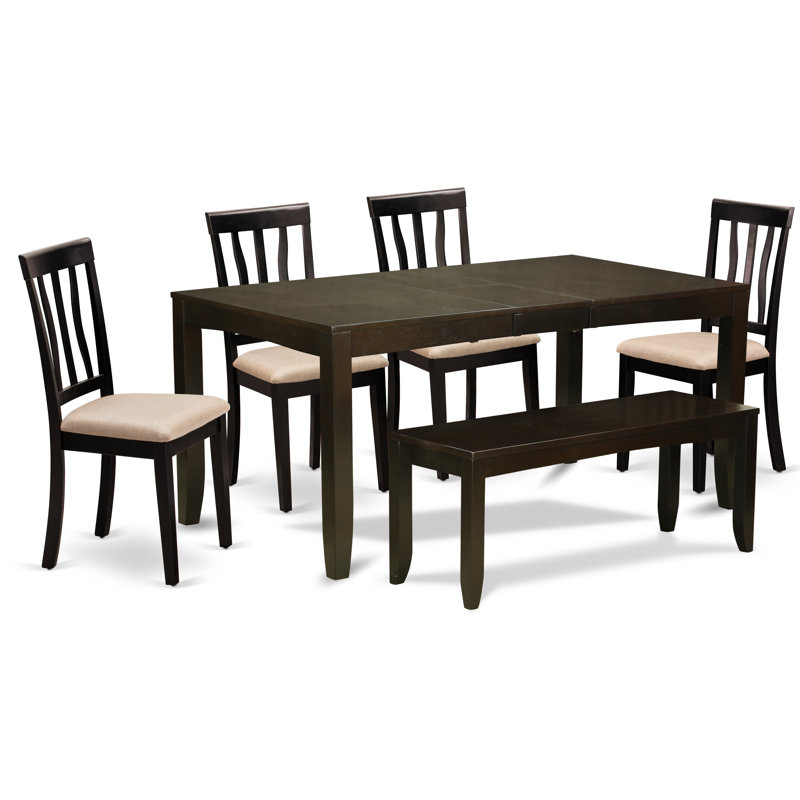 L'ensemble de table de salle à manger 6 pièces contient une table de salle à manger rectangulaire avec feuille papillon et 4 chaises en tissu de lin avec banc, cappuccino