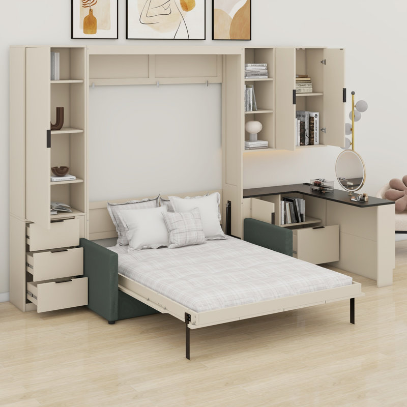 Lit escamotable avec rangement hydraulique, canapé, tablettes et tiroirs, éclairage DEL / USB, Beige