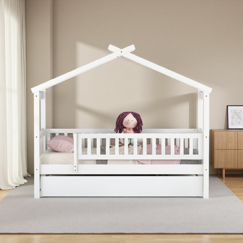 Lit en bois avec lit gigogne simple, Lit simple, Blanc