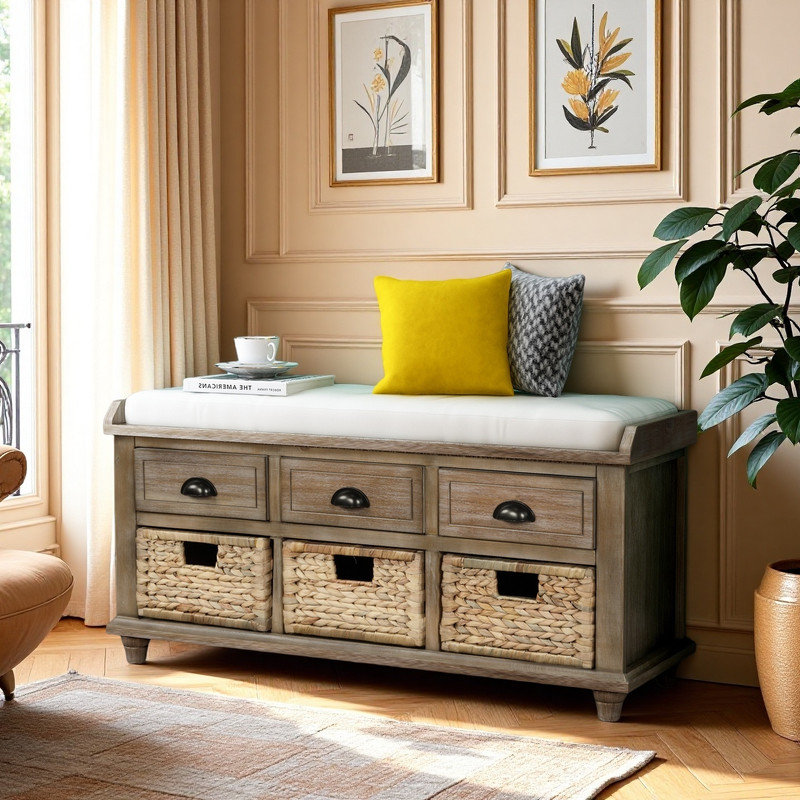Banc de rangement rembourré avec 3 paniers en rotin, Blanchies
