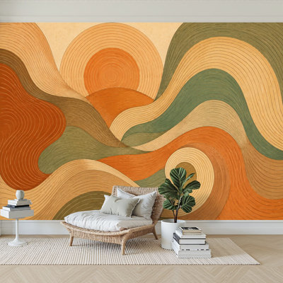 Wall Mural Peel and Stick Wallpaper Retro Abstract Curved Line Warm Earth Tones Self-Adhesive Removable Contact Paper Wall Decor for Living Room Bedroom 100"H x 144"W