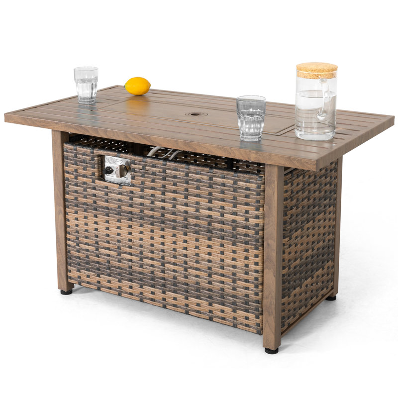 Nuu Garden 43'' Brown Rattan Gas Fire Pit Table with Glass Beads