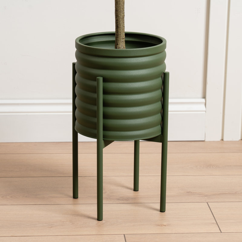 Ribbed Metal Planter on Stand, Green