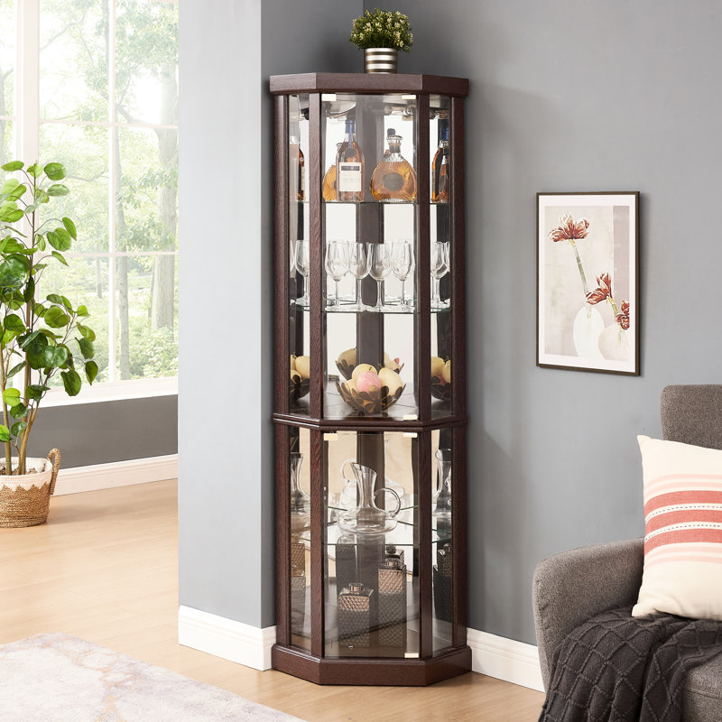 Elegant Dark Cherry Curio - Display Your Treasures Brightly Bar Storage Shelf Cherry, Lighted, Adjustable Shelves, 69.23 In. Height