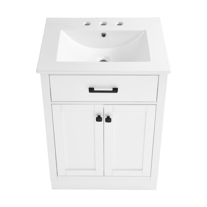 Burdon Meuble-lavabo de salle de bain avec comptoir en céramique à 3 trous, Blanc, Blanc, Chrome poli