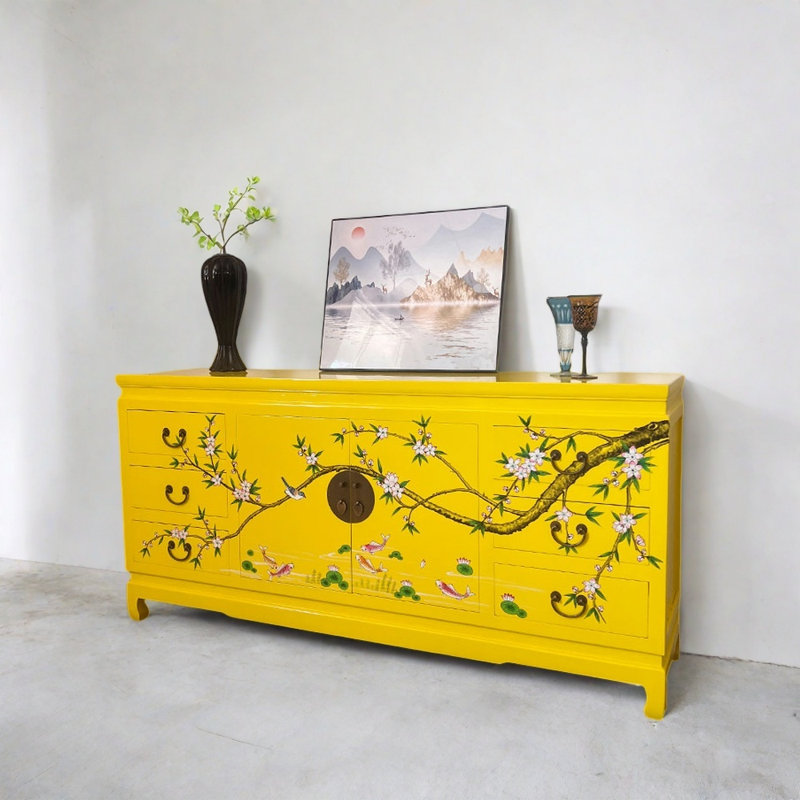 Solid Elm Wood Entryway Cabinet, Lemon Yellow