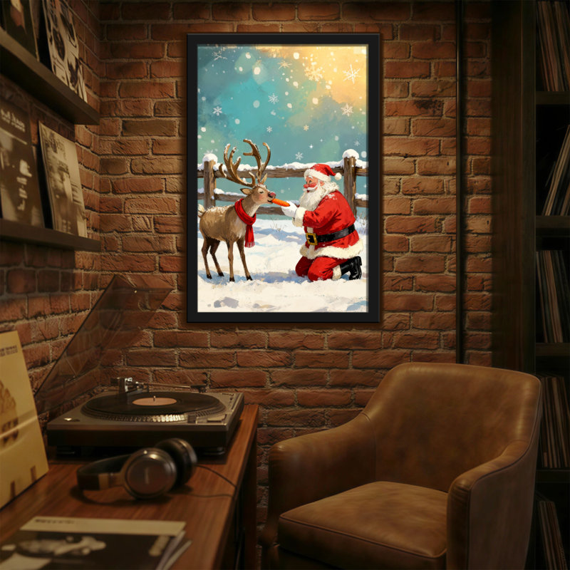 Père Noël de Noël nourrissant des rennes dans un paysage enneigé, H 36 po x l 24 po