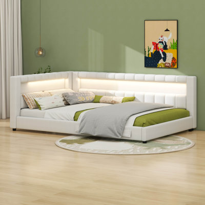 Upholstered Daybed With USB Ports And LED Belt, Linen Fabric Sofa Bed With L-Shaped Backrest And